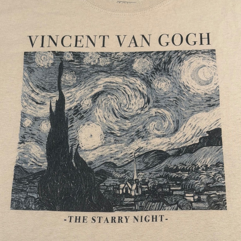Vincent Van Gogh The Starry Night Artwork Graphic T-Shirt Tan Mens Medium